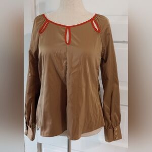Chic Tan Blouse with Red Trim